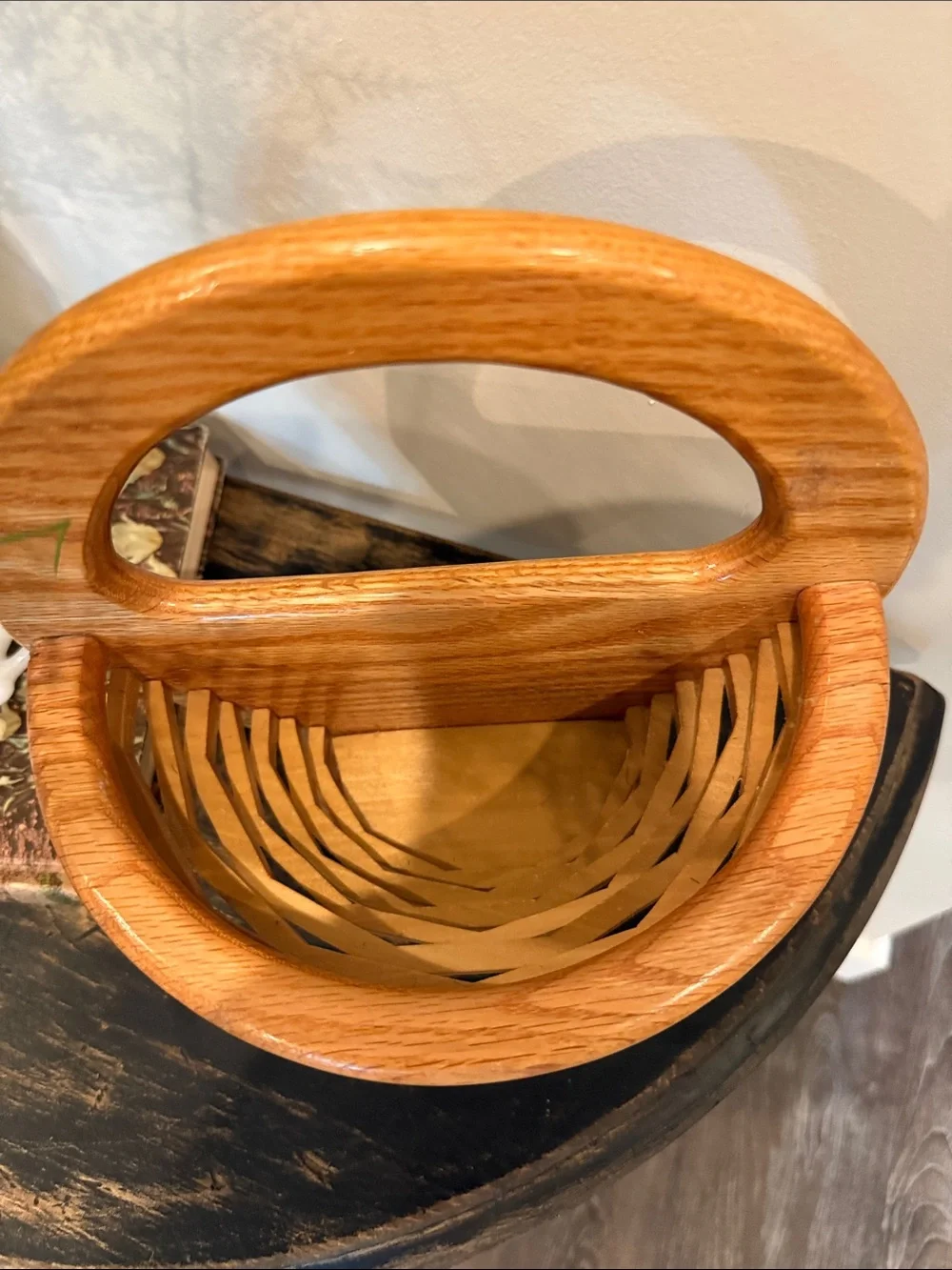 Vintage Solid Wood Handled Basket Fruit Bread Basket Rustic Farmhouse Decor